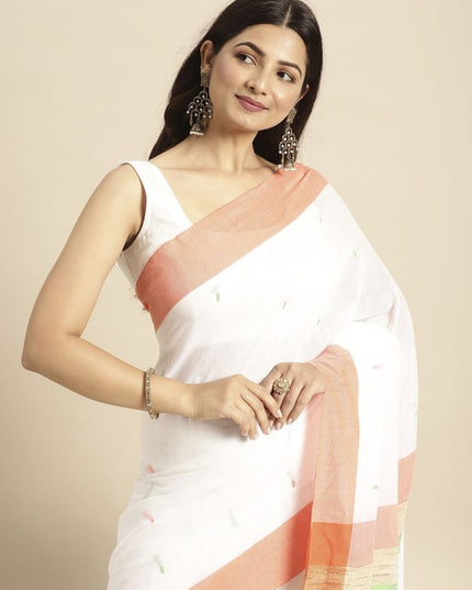 DESH BIDESH White & Orange Pure Cotton Taant Saree