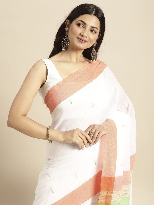 DESH BIDESH White & Orange Pure Cotton Taant Saree