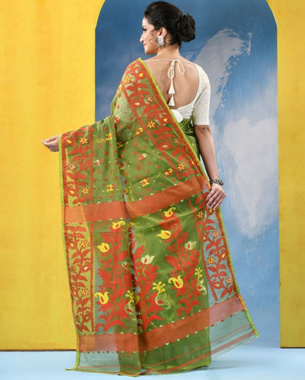 DESH BIDESH Traditional Woven Green Jamdani Saree with Orange Floral Border