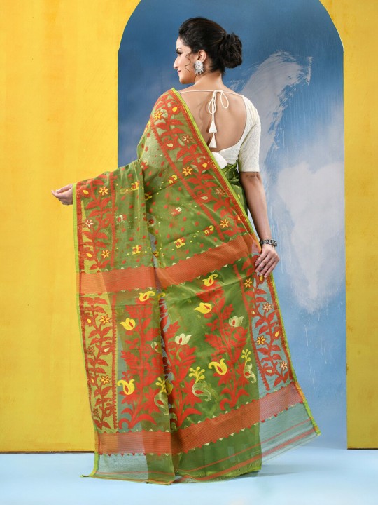 DESH BIDESH Traditional Woven Green Jamdani Saree with Orange Floral Border