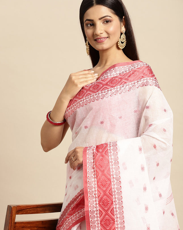 DESH BIDESH White & Red Ethnic Motifs Pure Cotton Taant Saree