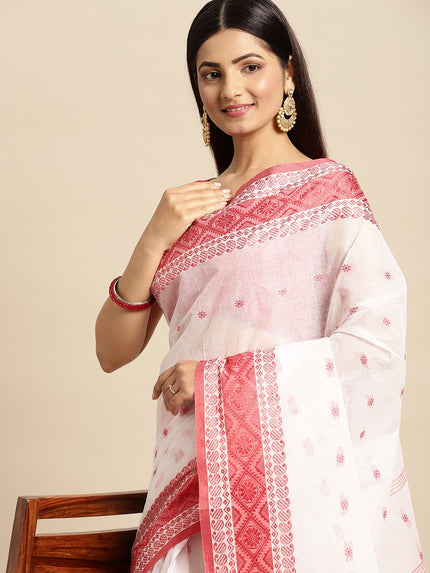 DESH BIDESH White & Red Ethnic Motifs Pure Cotton Taant Saree