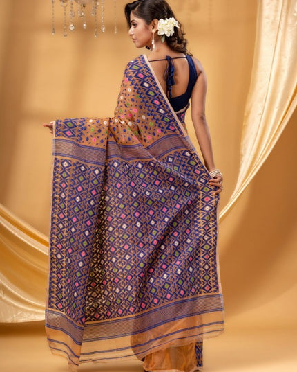Exquisite Pure Cotton Jamdani Saree: Orange & Blue Woven Design for Women