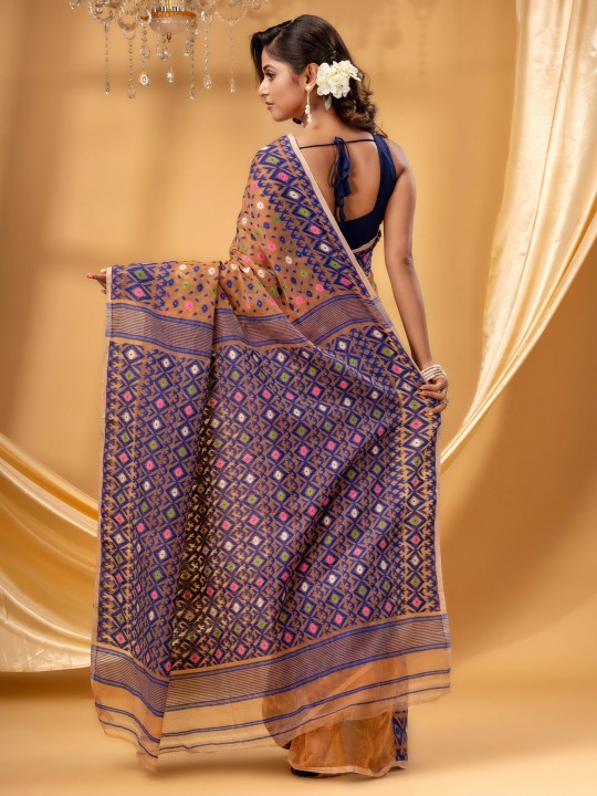 Exquisite Pure Cotton Jamdani Saree: Orange & Blue Woven Design for Women