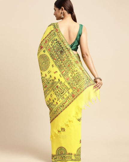 DESH BIDESH Yellow & Green Warli Pure Cotton Taant Saree