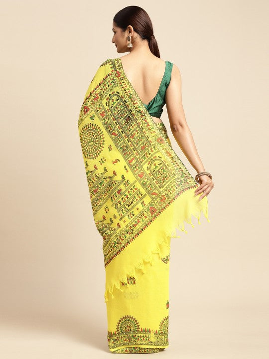 DESH BIDESH Yellow & Green Warli Pure Cotton Taant Saree