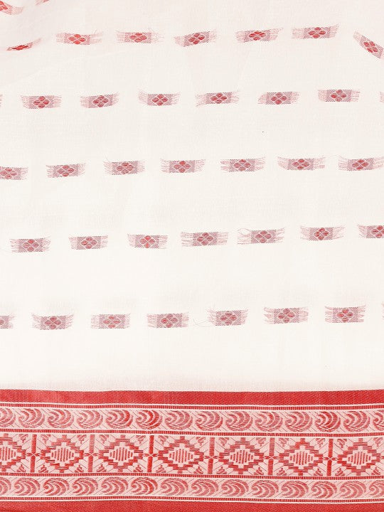 DESH BIDESH Red & White Ethnic Motifs Pure Cotton Taant Saree