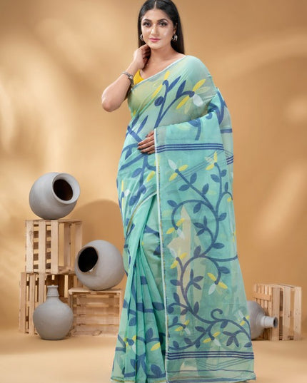 DESH BIDESH Turquoise Blue & Yellow Woven Design Linen Blend Jamdani Saree