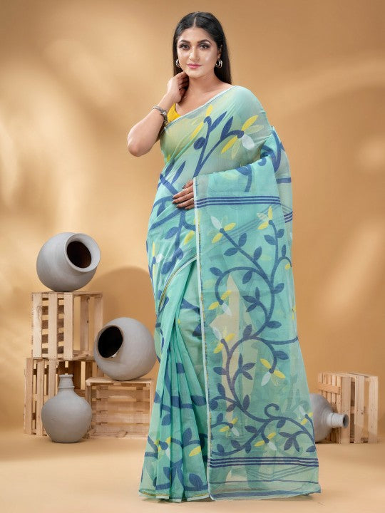 DESH BIDESH Turquoise Blue & Yellow Woven Design Linen Blend Jamdani Saree