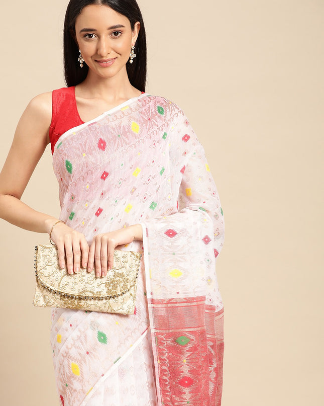 DESH BIDESH Woven Design Ethnic Motifs Pure Cotton Jamdani Saree