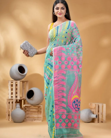DESH BIDESH Turquoise Blue & Pink Woven Design Pure Cotton Handloom Jamdani Saree