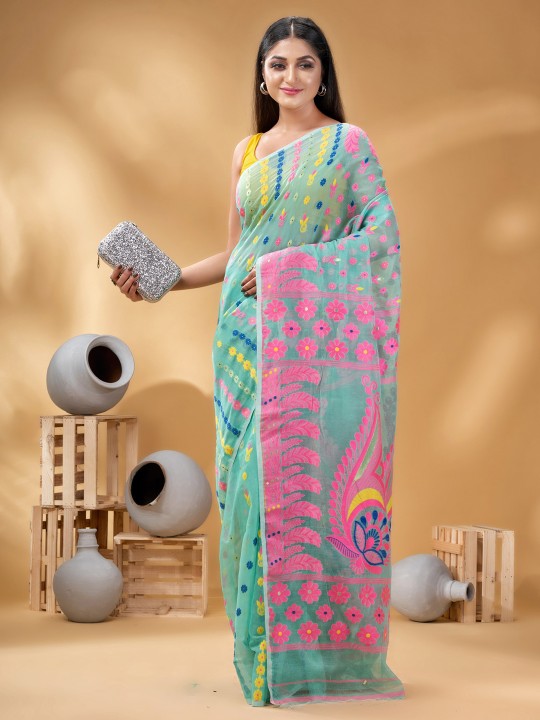 DESH BIDESH Turquoise Blue & Pink Woven Design Pure Cotton Handloom Jamdani Saree