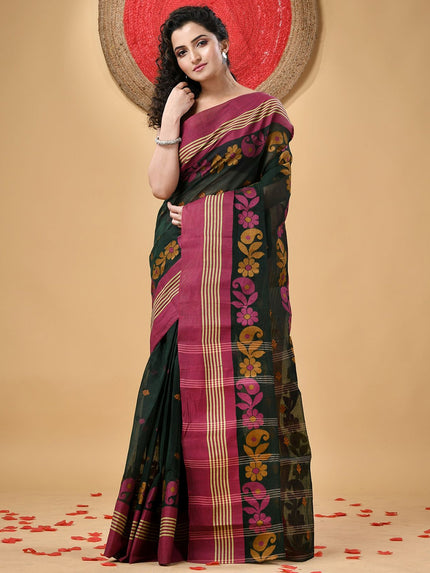 Exquisite Phulkari Pure Cotton Taant Saree: Vibrant Floral Print, Lightweight, Elegant Drape