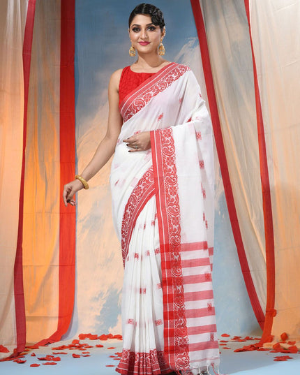 Exquisite Red & White Woven Design Paisley Taant Saree with Unstitched Blouse Piece