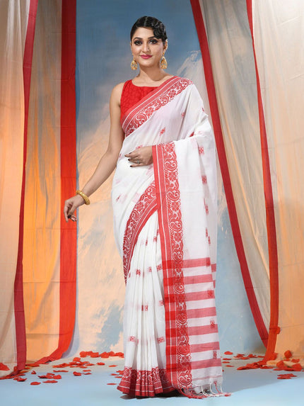 Exquisite Red & White Woven Design Paisley Taant Saree with Unstitched Blouse Piece