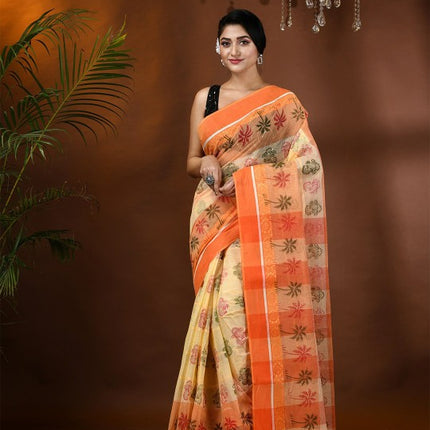 Exquisite Floral Pure Cotton Block Print Saree with Solid Border and Blouse Piece