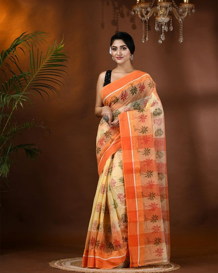 Exquisite Floral Pure Cotton Block Print Saree with Solid Border and Blouse Piece