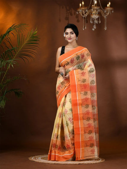 Exquisite Floral Pure Cotton Block Print Saree with Solid Border and Blouse Piece