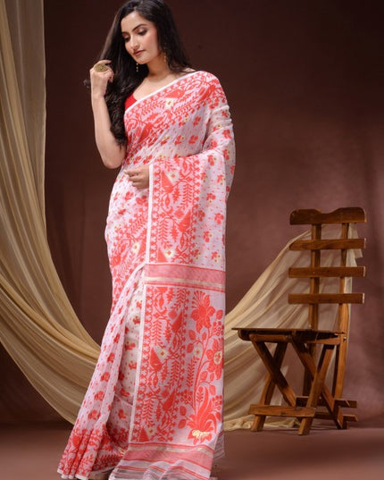 DESH BIDESH Women's Elegant Floral Woven Pure Cotton Jamdani Saree