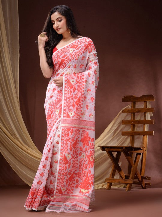 DESH BIDESH Women's Elegant Floral Woven Pure Cotton Jamdani Saree