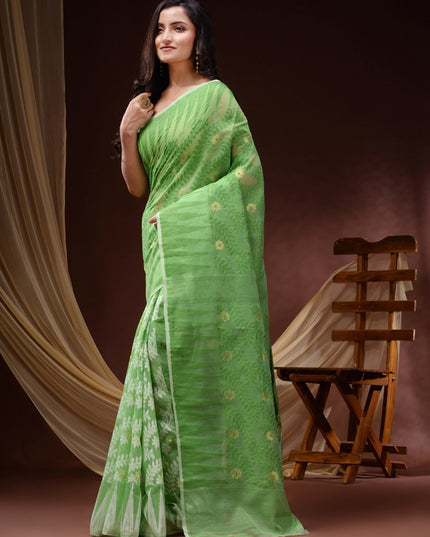 Exquisite DESH BIDESH Pure Cotton Jamdani Saree: Floral Woven Design, Elegant Indian Traditional Attire