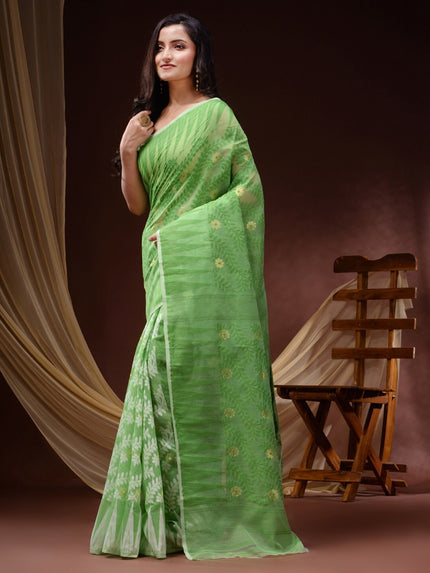 Exquisite DESH BIDESH Pure Cotton Jamdani Saree: Floral Woven Design, Elegant Indian Traditional Attire
