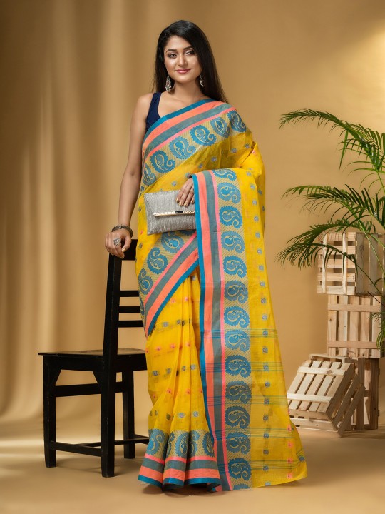 DESH BIDESH Ethnic Motifs Woven Design Pure Cotton Handloom Taant Saree