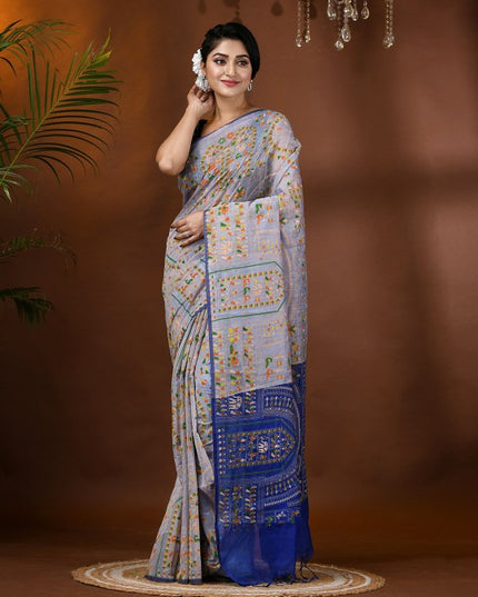 DESH BIDESH Woven Design Block Print Cotton Silk Saree with Tassels