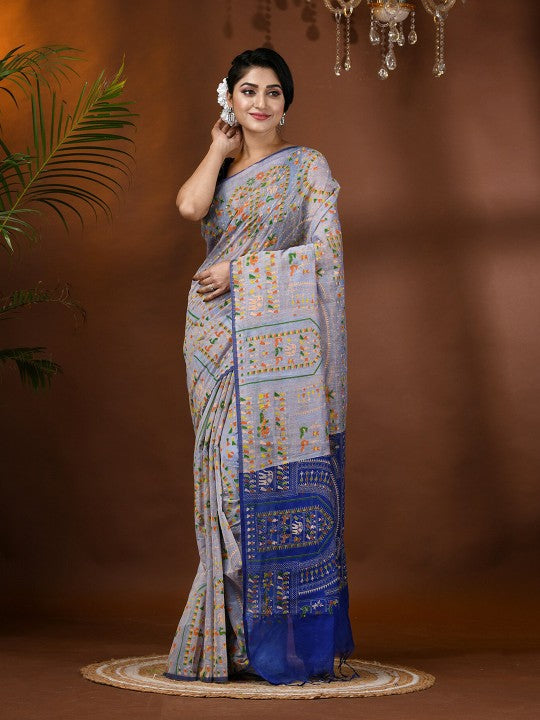 DESH BIDESH Woven Design Block Print Cotton Silk Saree with Tassels