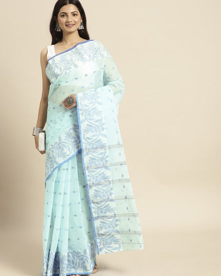 DESH BIDESH Blue & White Ethnic Motifs Pure Cotton Taant Saree