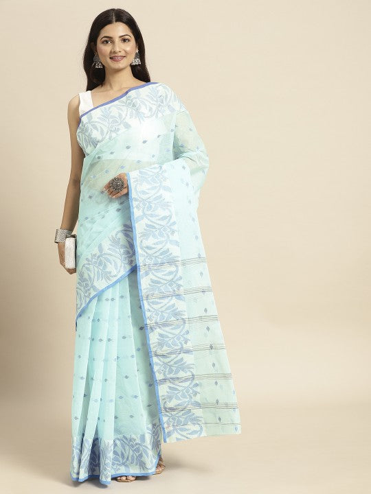 DESH BIDESH Blue & White Ethnic Motifs Pure Cotton Taant Saree