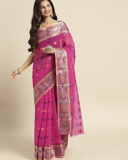 DESH BIDESH Pink & Purple Ethnic Motifs Pure Cotton Taant Saree