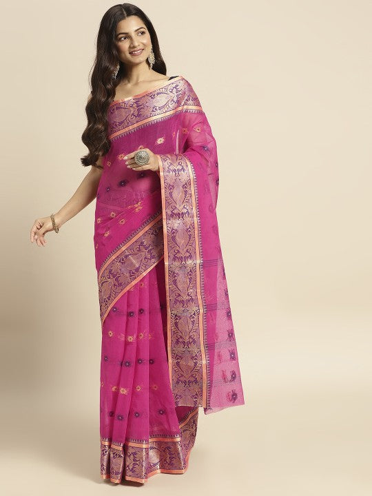 DESH BIDESH Pink & Purple Ethnic Motifs Pure Cotton Taant Saree