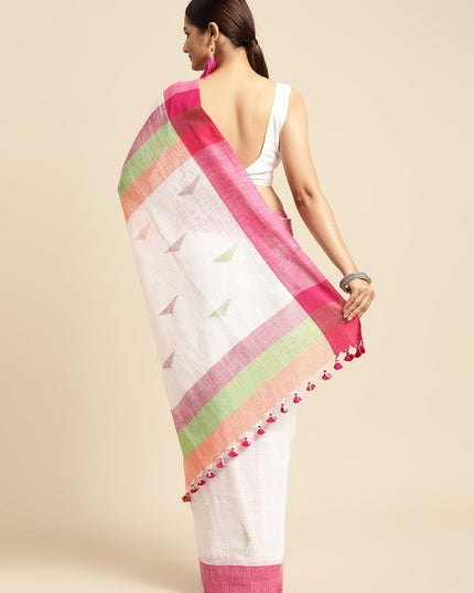 DESH BIDESH White & Pink Geometric Design Pure Cotton Taant Saree