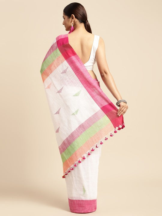 DESH BIDESH White & Pink Geometric Design Pure Cotton Taant Saree