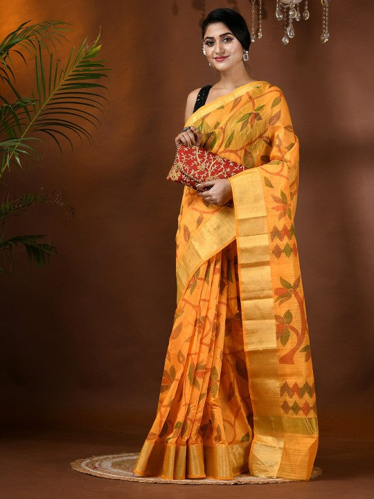 DESH BIDESH Floral Woven Zari Cotton Silk Saree with Unstitched Blouse Piece