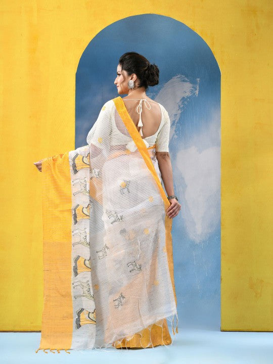 DESH BIDESH Ethnic Motifs Embroidered Pure Cotton Khadi Saree