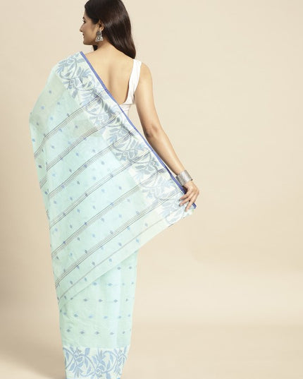 DESH BIDESH Blue & White Ethnic Motifs Pure Cotton Taant Saree