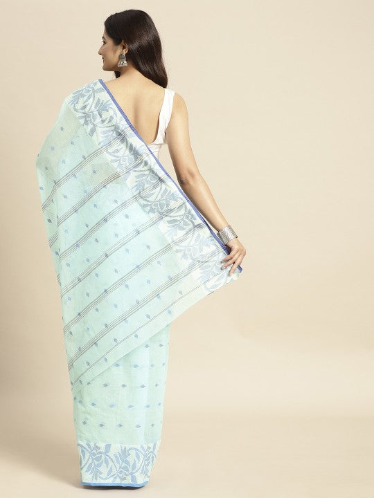 DESH BIDESH Blue & White Ethnic Motifs Pure Cotton Taant Saree