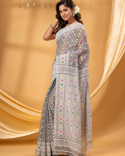 DESH BIDESH Ethnic Motifs Woven Design Pure Cotton Jamdani Saree