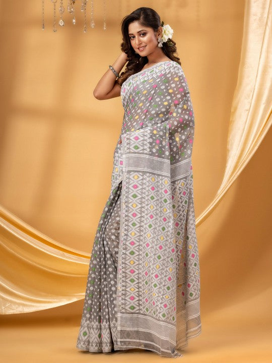 DESH BIDESH Ethnic Motifs Woven Design Pure Cotton Jamdani Saree