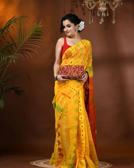Exquisite Yellow & Red Paisley Woven Design Phulkari Jamdani Saree for Women