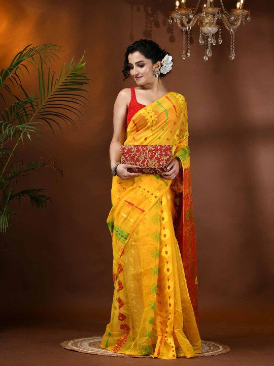 Exquisite Yellow & Red Paisley Woven Design Phulkari Jamdani Saree for Women