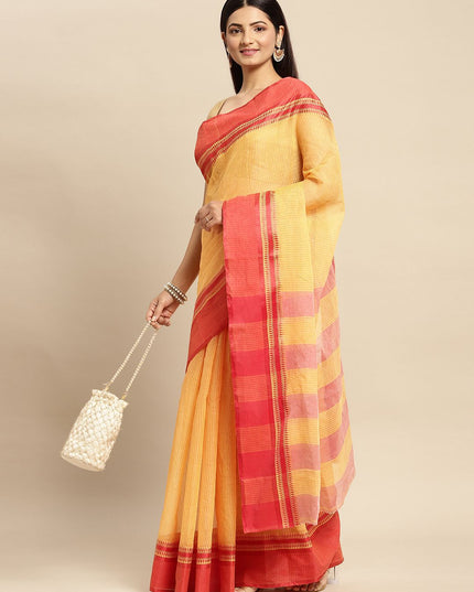 DESH BIDESH Yellow & Orange Woven Design Pure Cotton Taant Saree