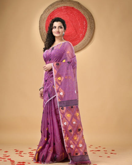 DESH BIDESH Purple Cotton Blend Jamdani Saree with Woven Floral Design