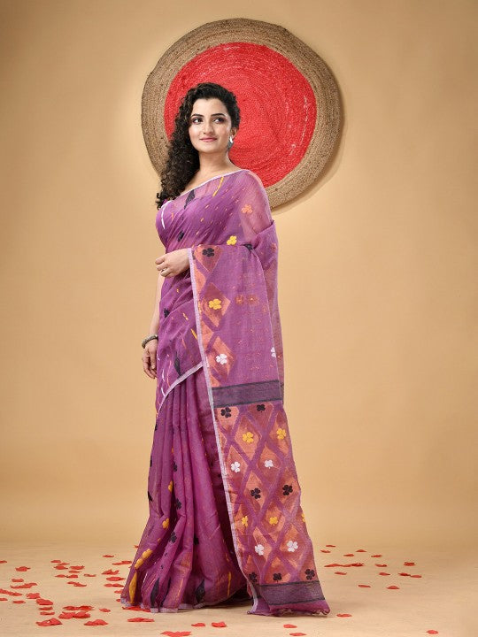 DESH BIDESH Purple Cotton Blend Jamdani Saree with Woven Floral Design