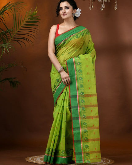 DESH BIDESH Elegant Green Pure Cotton Taant Saree with Woven Design