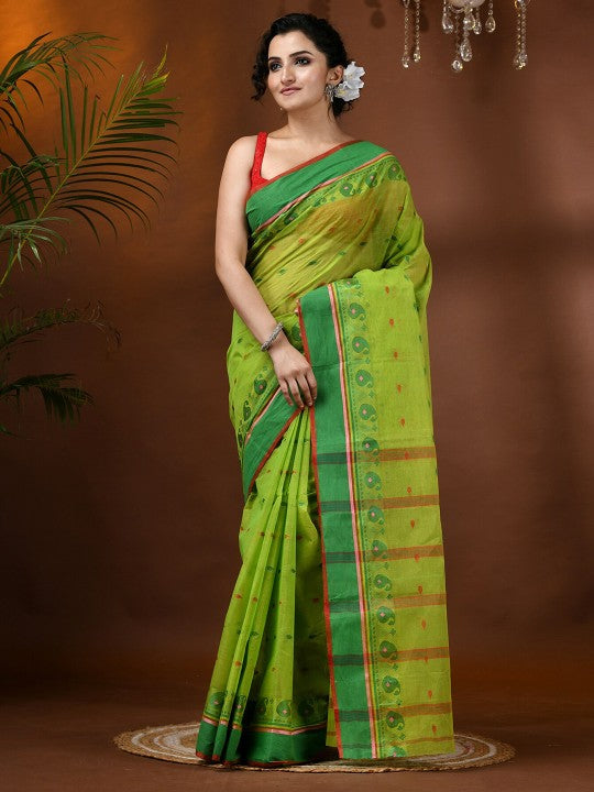DESH BIDESH Elegant Green Pure Cotton Taant Saree with Woven Design