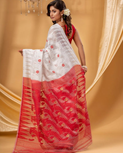 DESH BIDESH Elegant White-Red Woven Zari Pure Cotton Jamdani Saree for Women