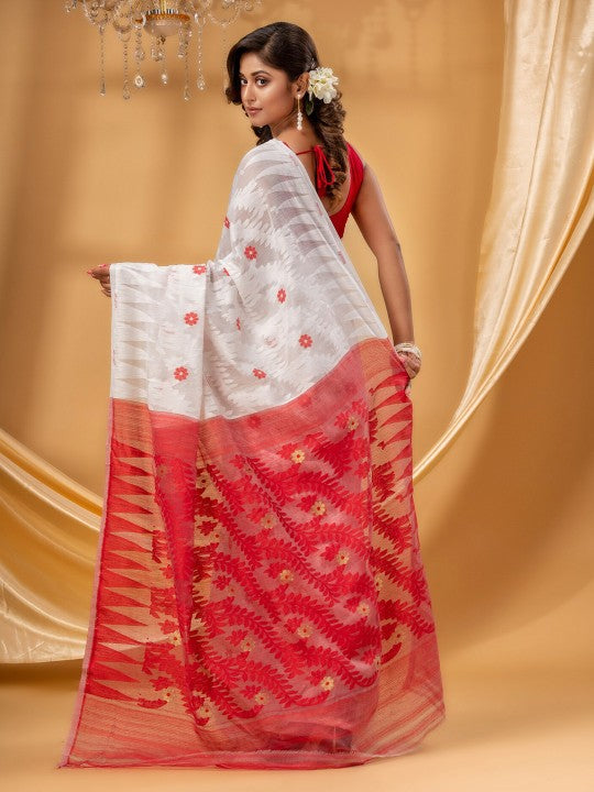 DESH BIDESH Elegant White-Red Woven Zari Pure Cotton Jamdani Saree for Women